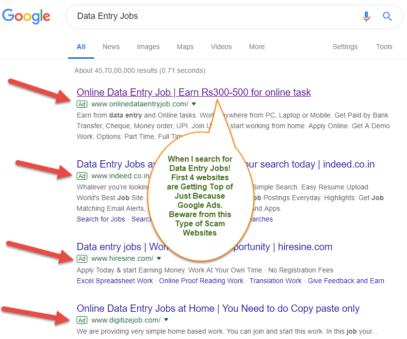 When I search for Data Entry Jobs First 4 websites are Getting Top of Just Because Google Ads Beware from this Type of Scam Websites